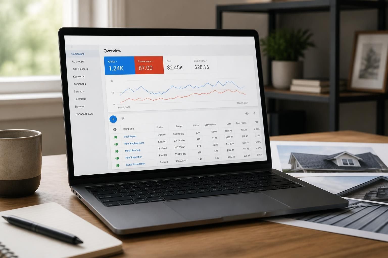 A laptop displaying a paid search campaign interface in a calm setting.
