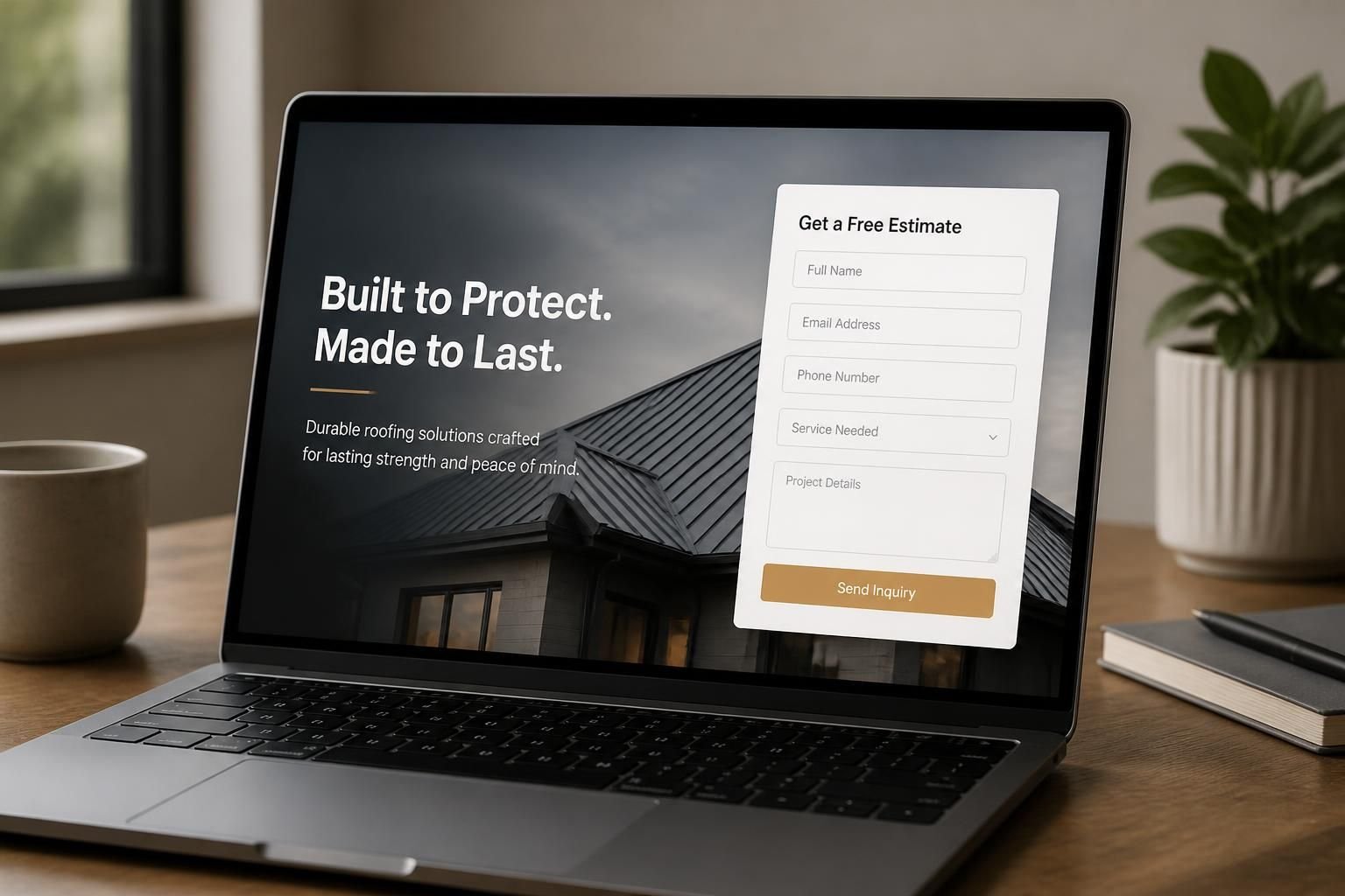 A laptop showing a sleek landing page with a form section.