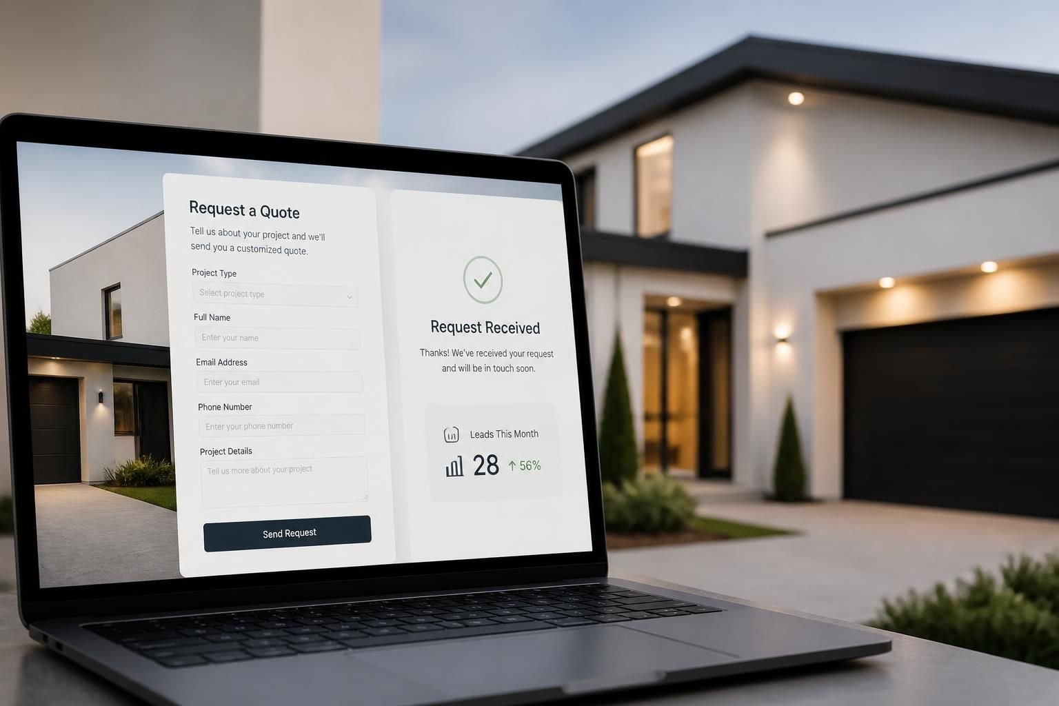 A clean quote request website layout paired with a home exterior.