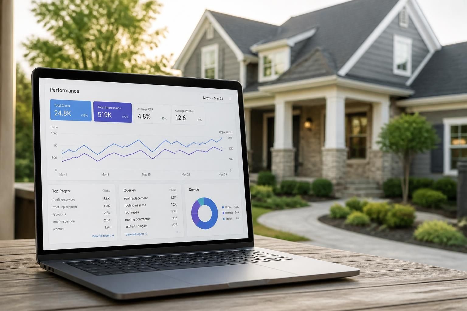 A laptop with a website performance dashboard beside a home exterior.