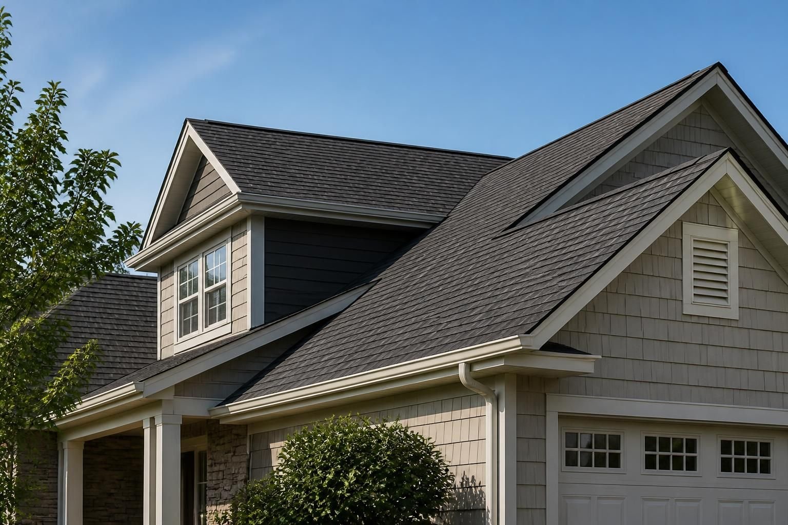 A modern home exterior with a clean, newly finished roofline.