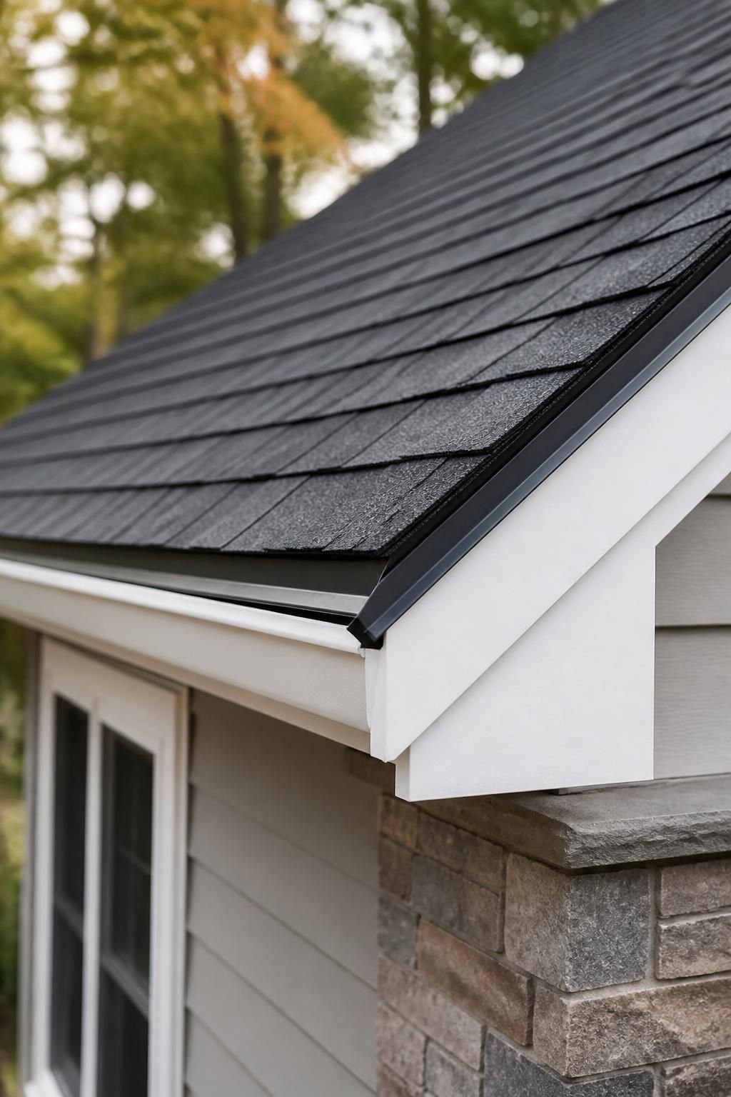 Close detail of precise roofing workmanship on a finished home exterior.