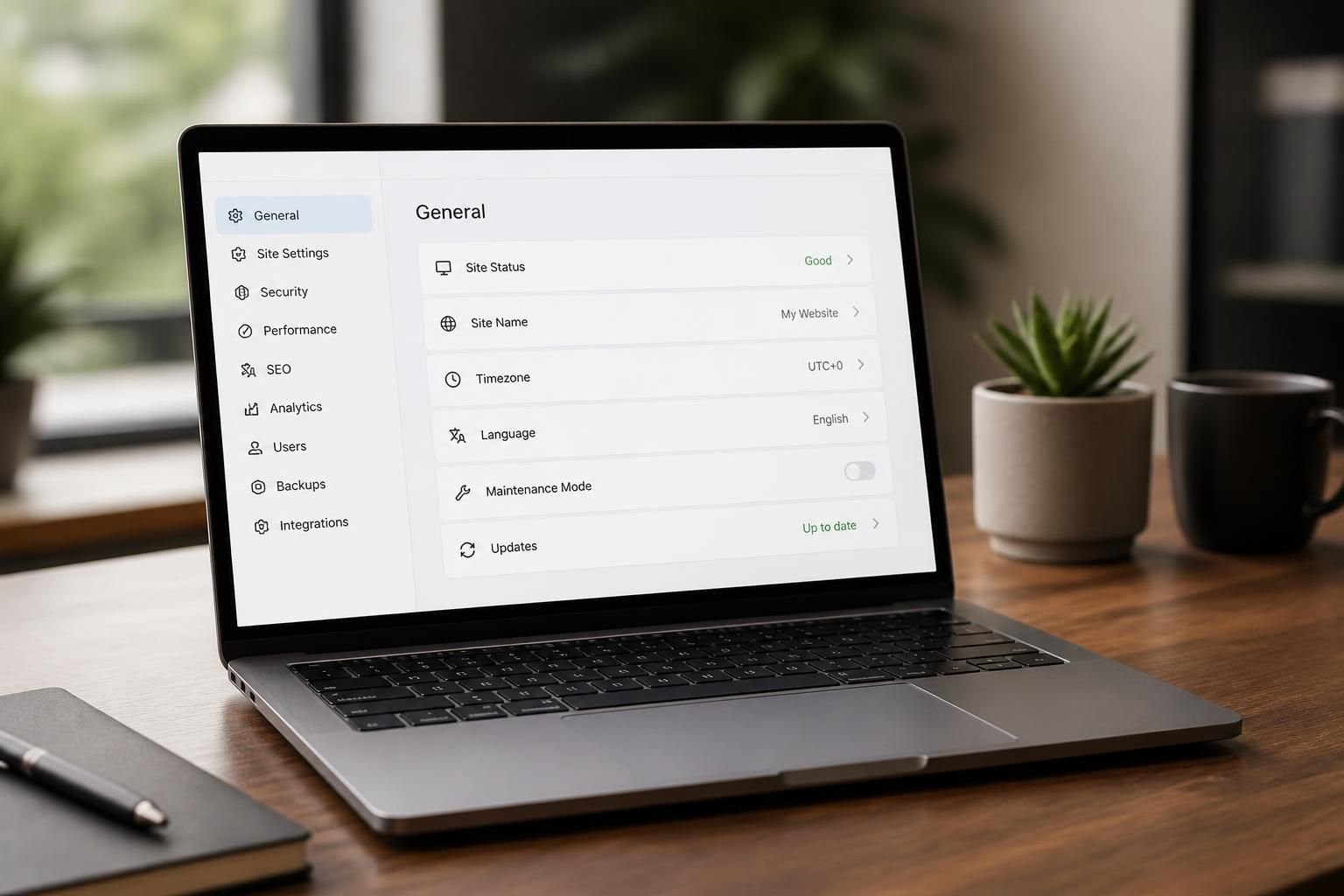 A laptop with a clean website settings interface in a quiet workspace.